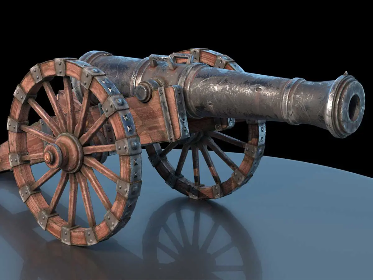 A medieval cannon mounted on a wooden base.