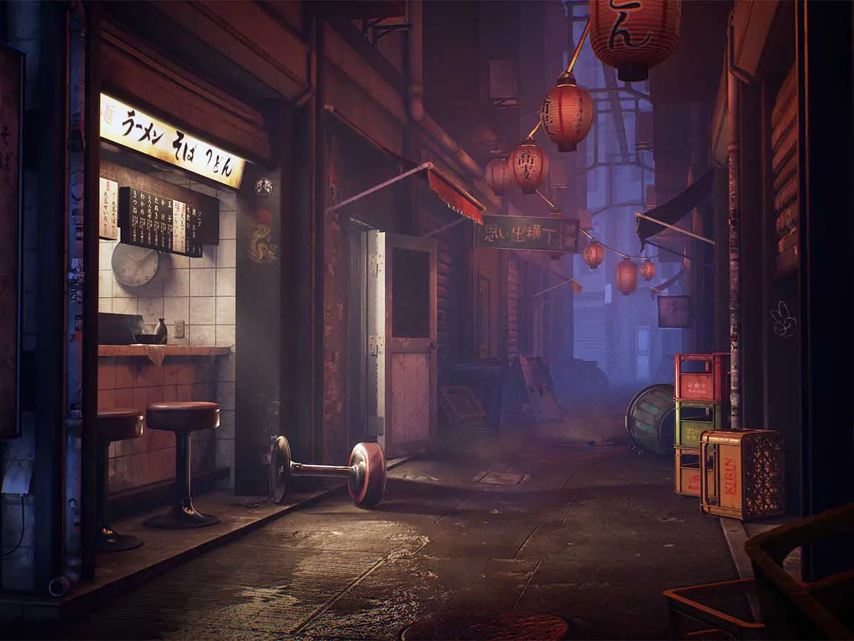 A 3D render of a messy alleyway in an Asian city.
