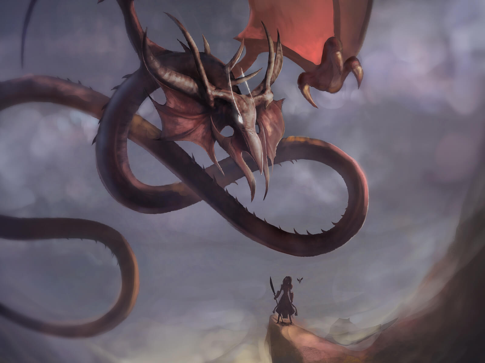 A person standing on a cliff faces a large dragon