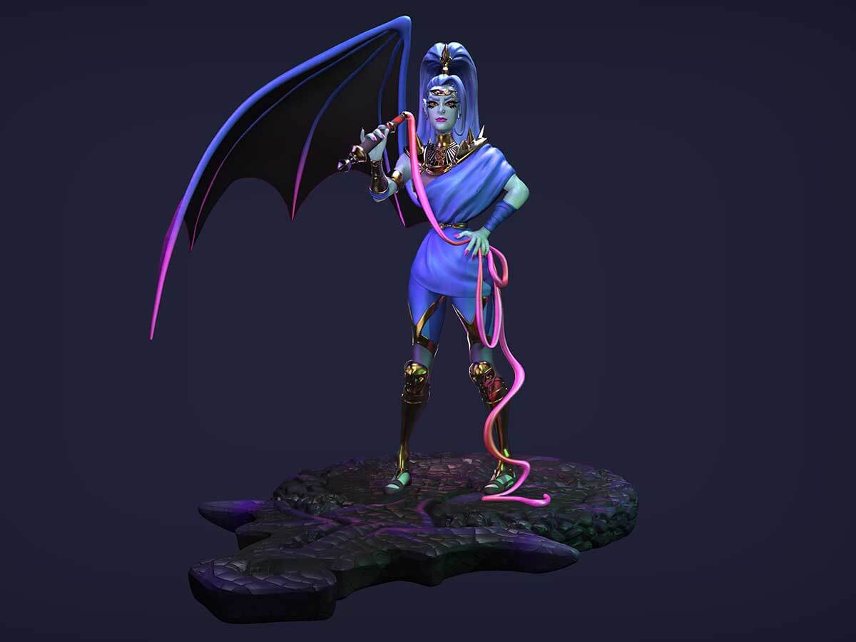 Purple warrior with one wing and a pink whip.