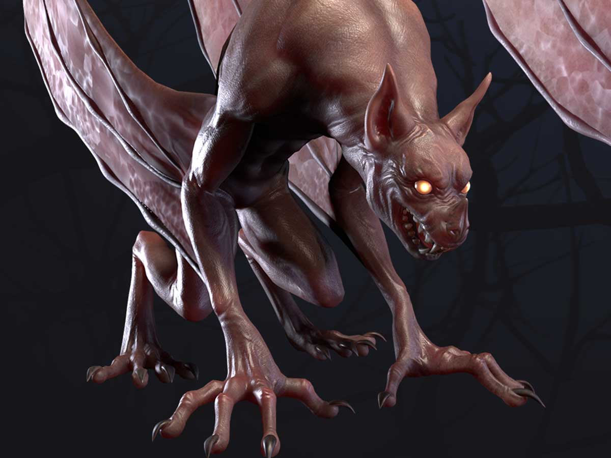 3D model of a winged gargoyle creature.