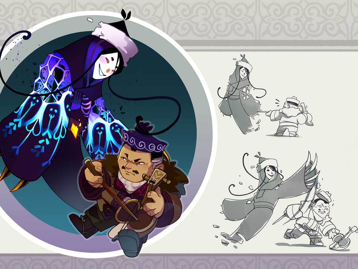Two characters featured in different poses and interactions.