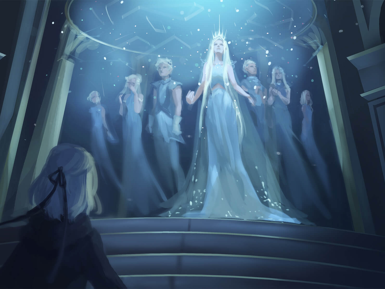 A girl looks up at a queen with long blonde hair and a sparkling gown
