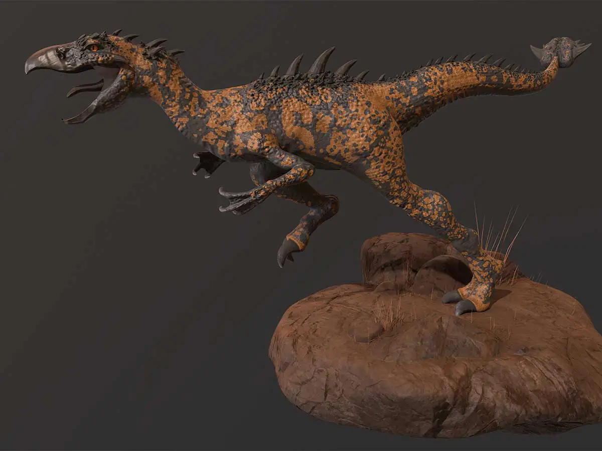 A 3D model of a dinosaur in an attacking pose.