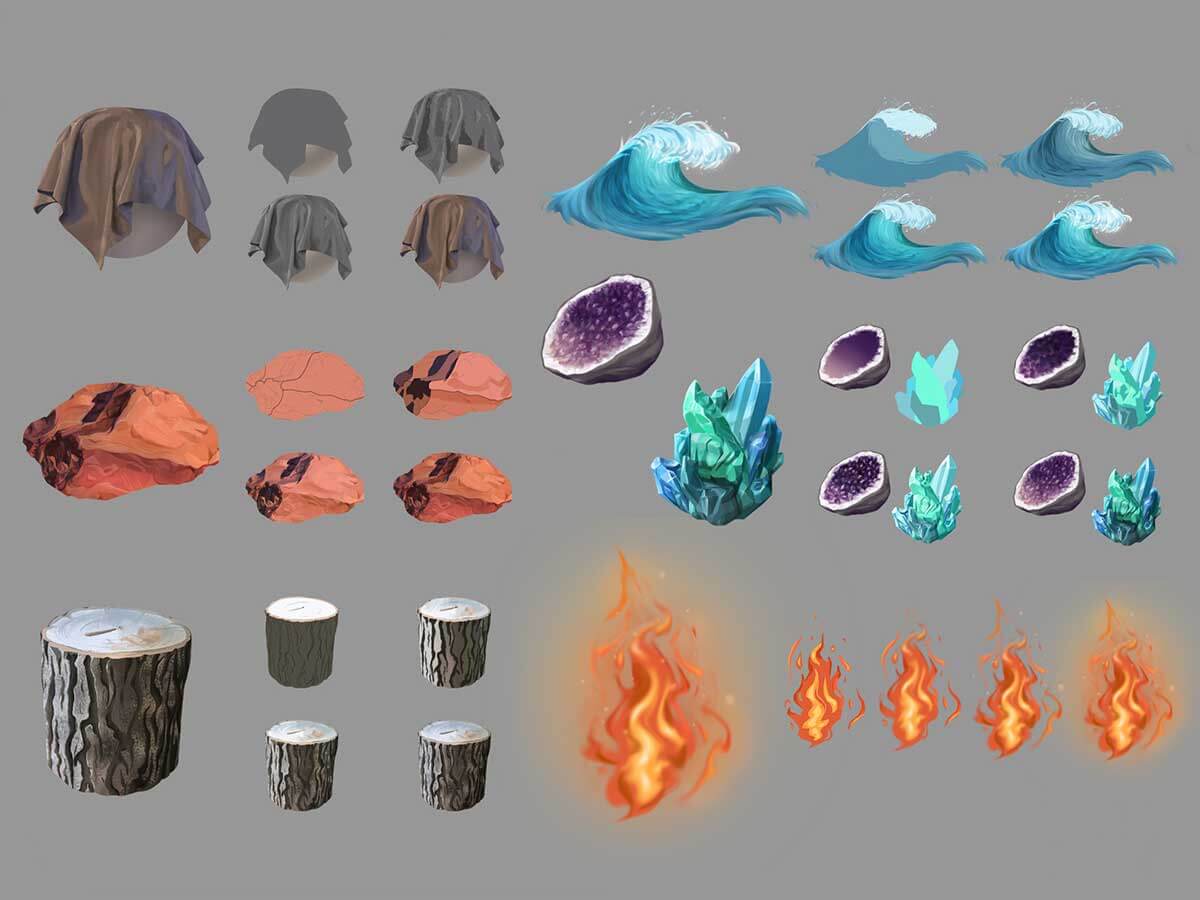 Concept artwork of various objects and elements like water and fire.