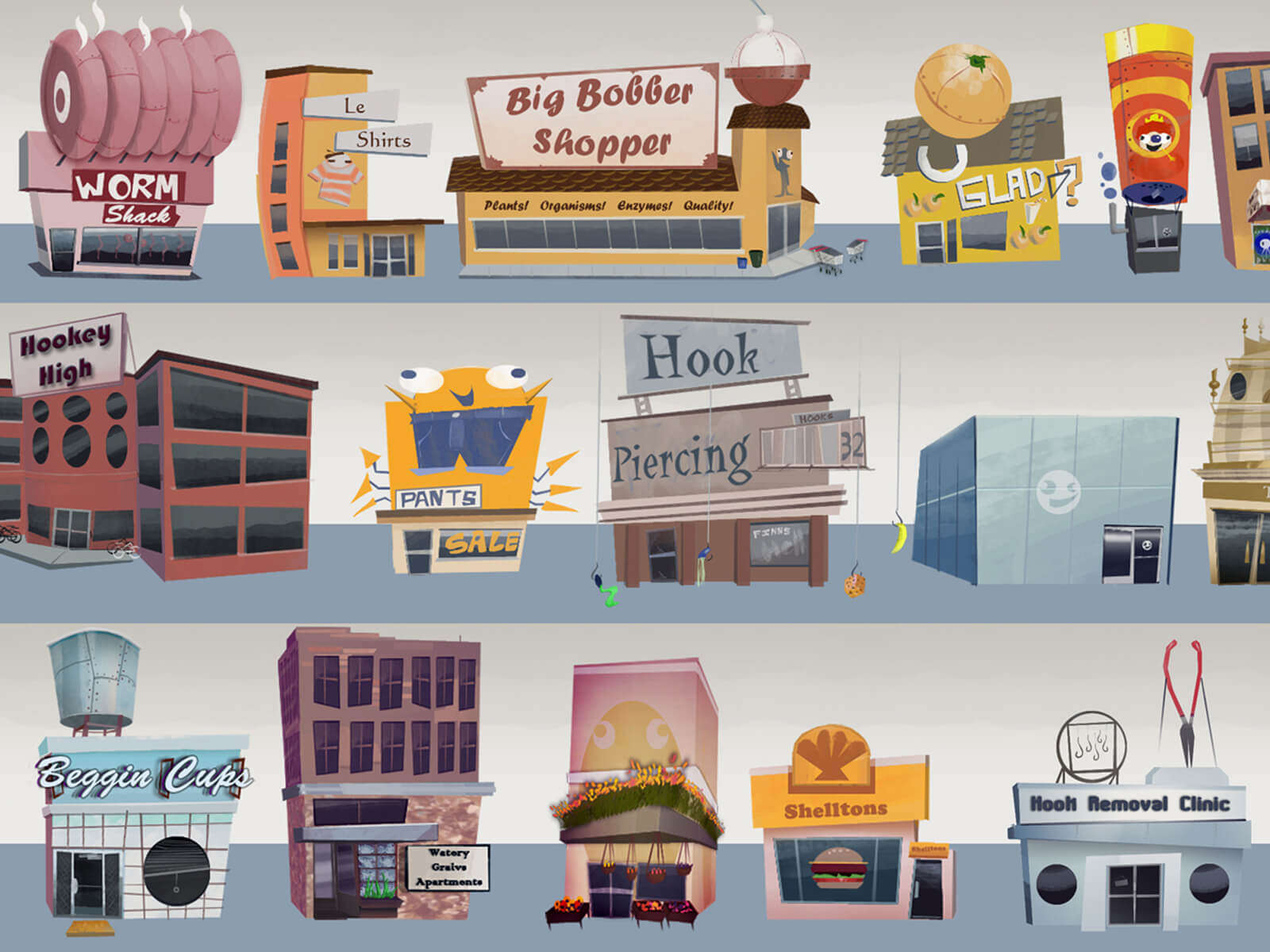 digital painting of various marine-themed buildings, including big bobber shopper and worm shack