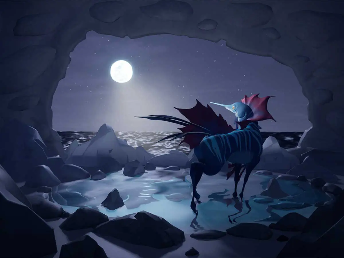 A 3D render of a horse-like fantasy creature glowing in the moonlight.