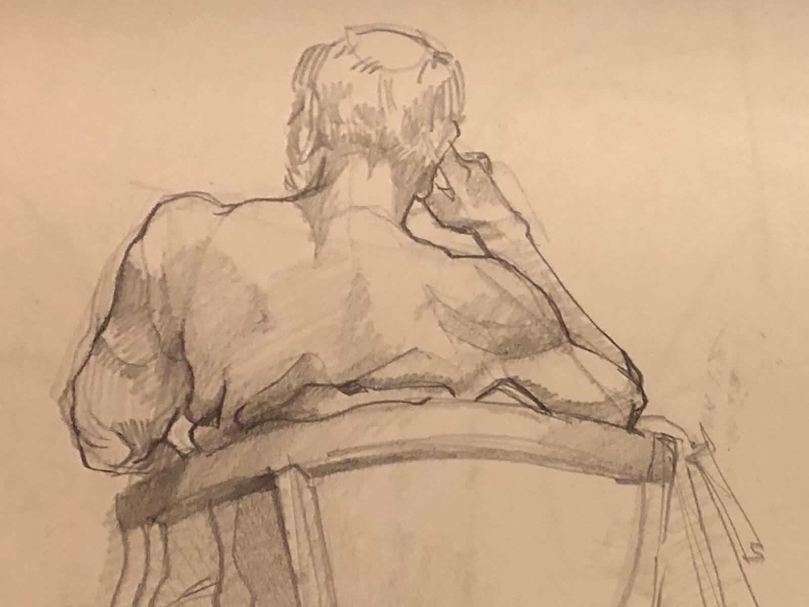 A sketch of a man sitting in a chair, his hand to his head