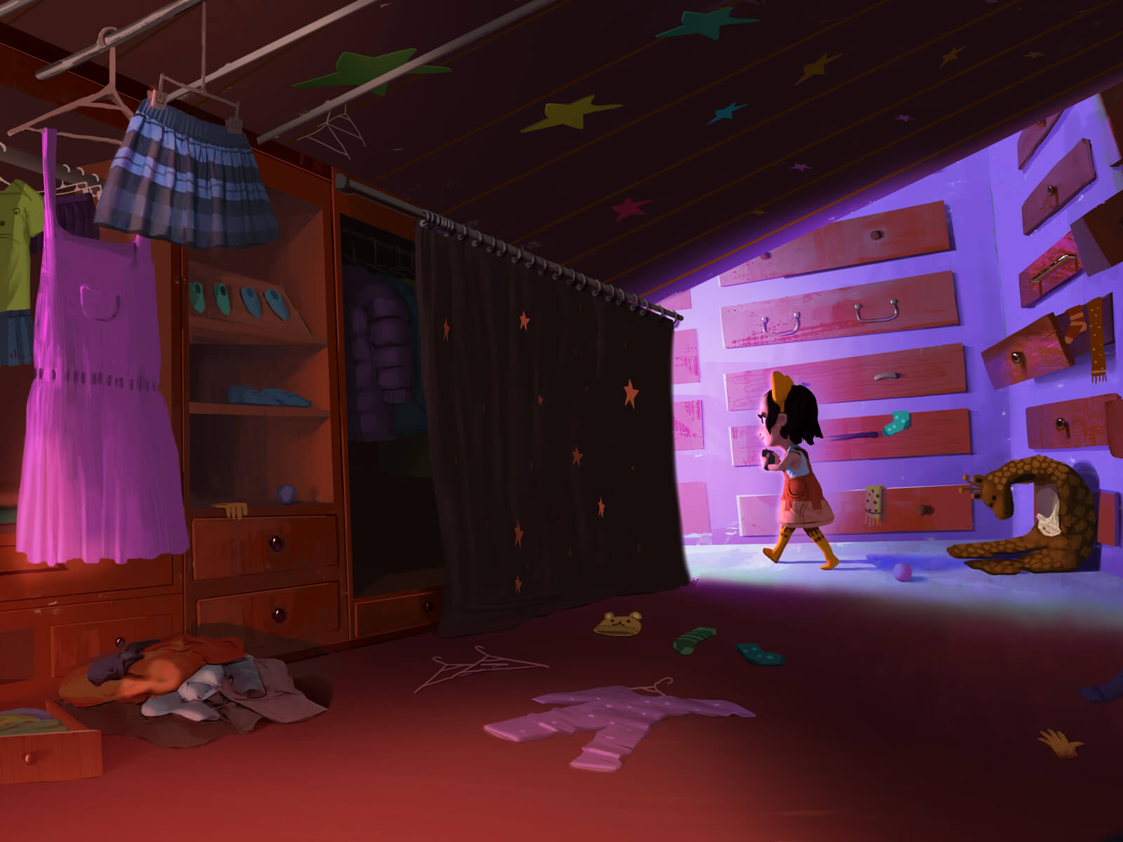 digital painting of a little girl walking out of a large, messy closet with clothes on the floor