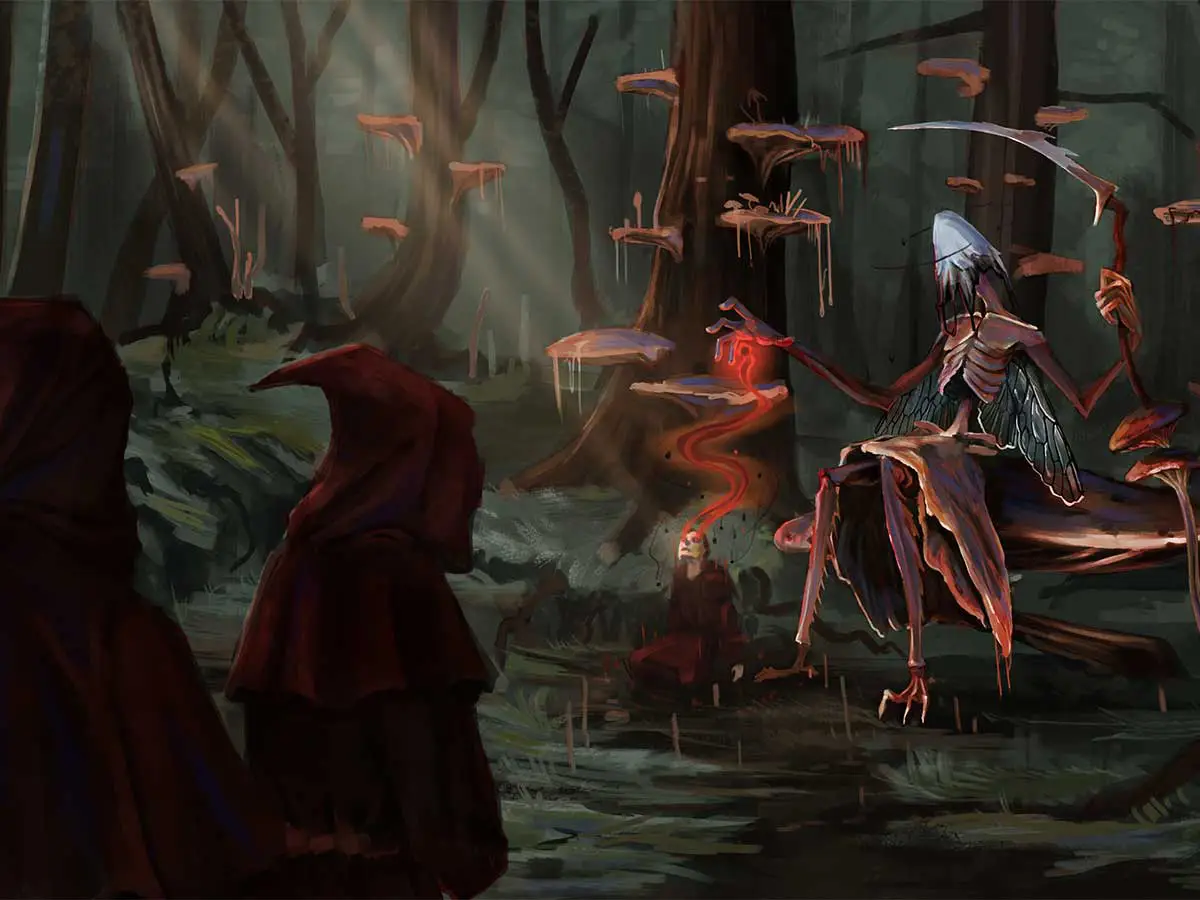 A painting of hooded figures approaching a skeleton in a forest.