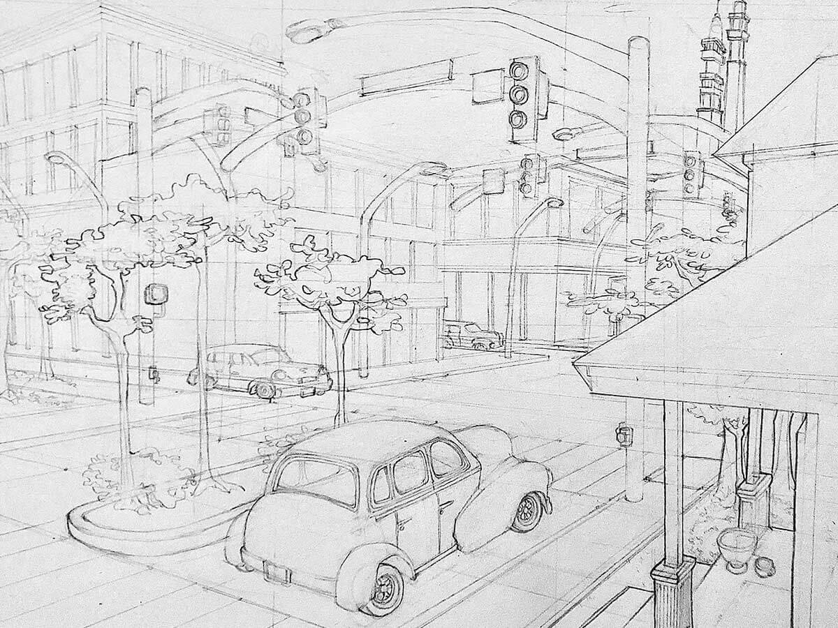 A drawing of a small town center with a few cars driving on the roads.