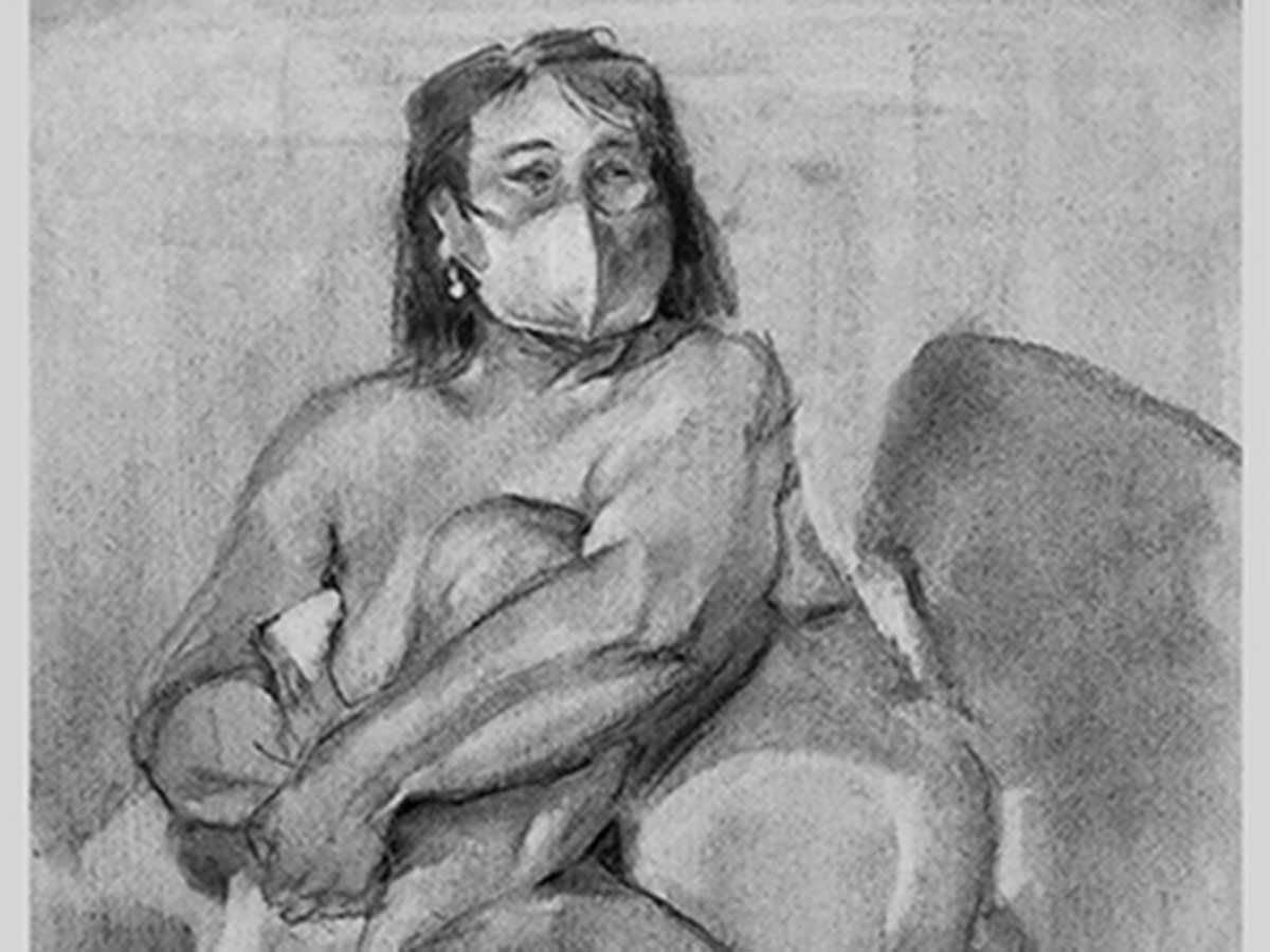 Sketch of a shirtless woman wearing a mask.