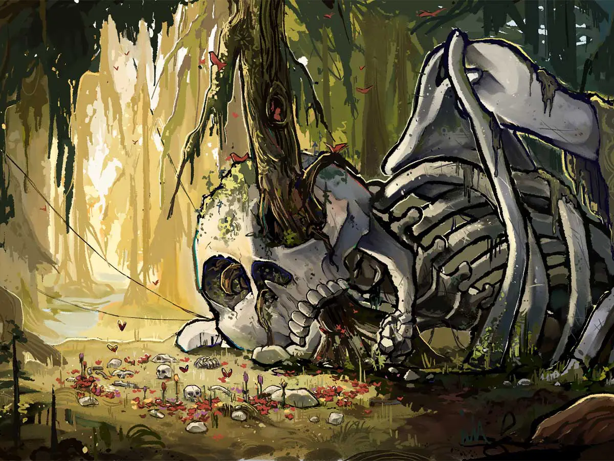 A painting of a skeleton with a tree growing through it.