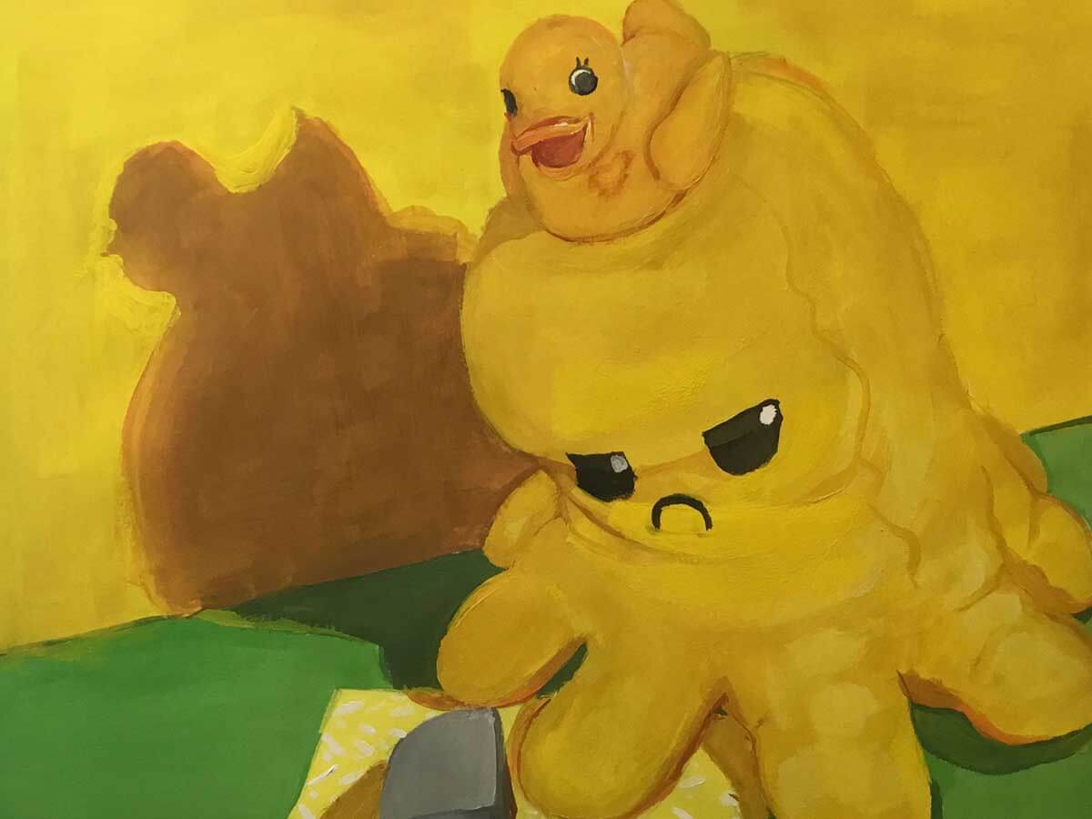 Painting of a plush yellow octopus that is frowning.