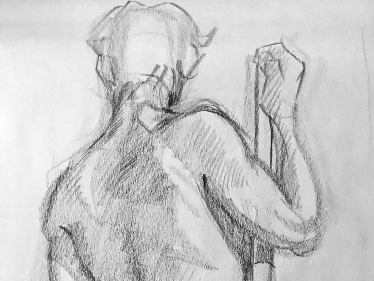 A sketch of a person holding onto a pole.