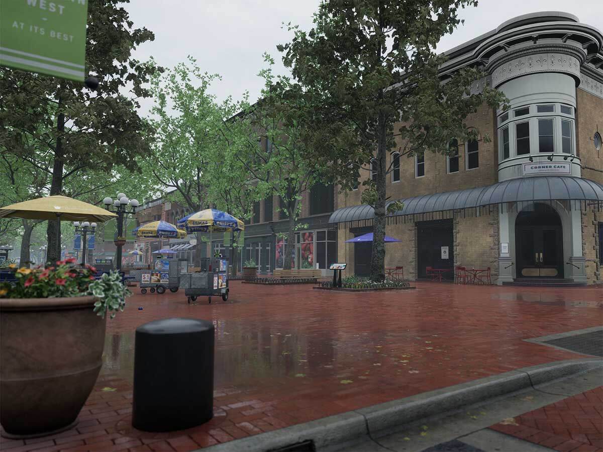 An outdoor plaza area on a rainy day.