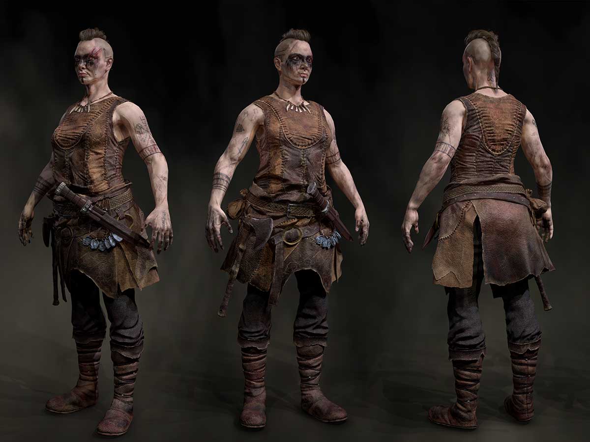 Turnaround of woman dressed as hunter.