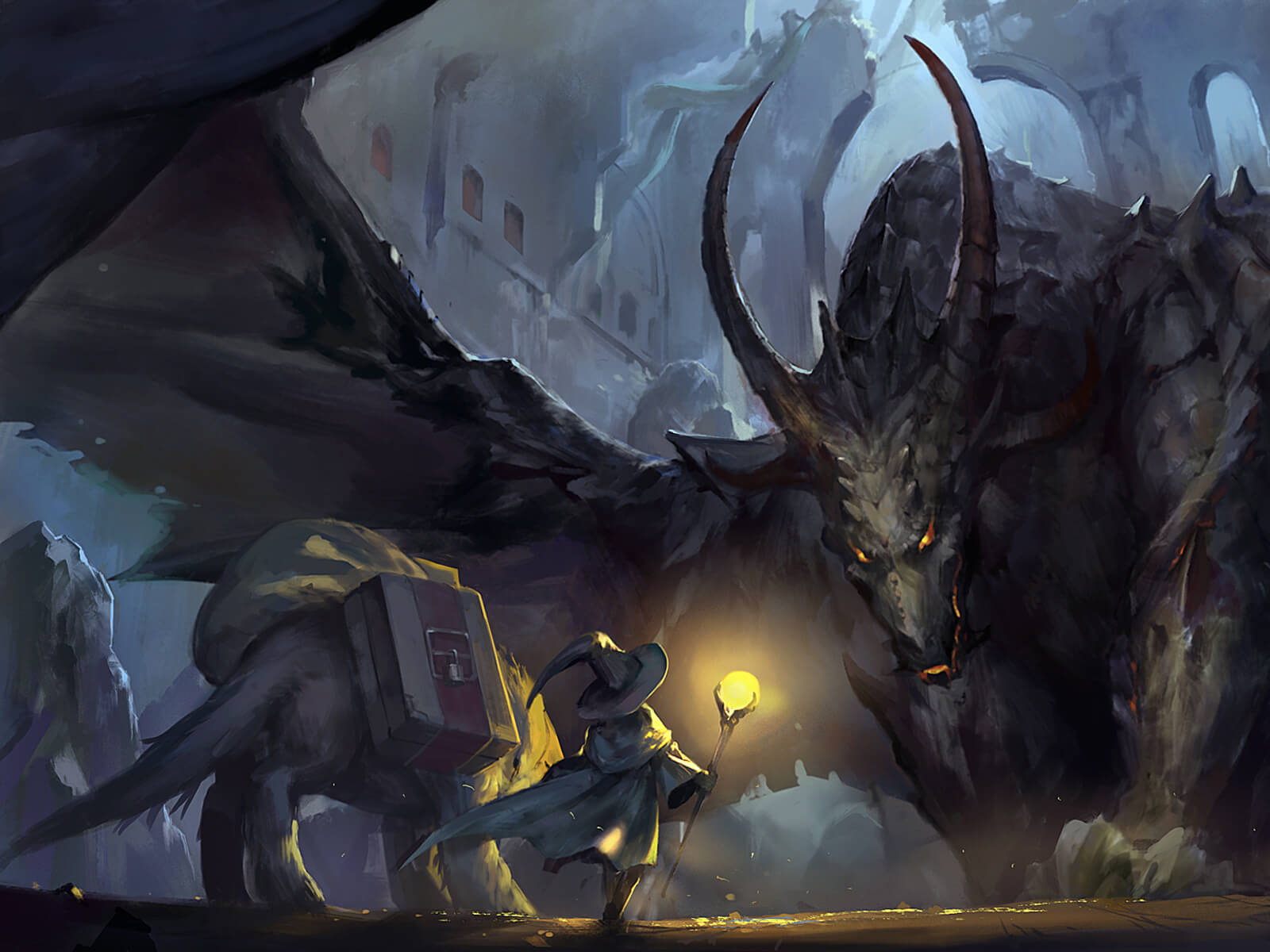 digital painting of a character in a witch hat and a dog-like creature facing an enormous, threatening dragon