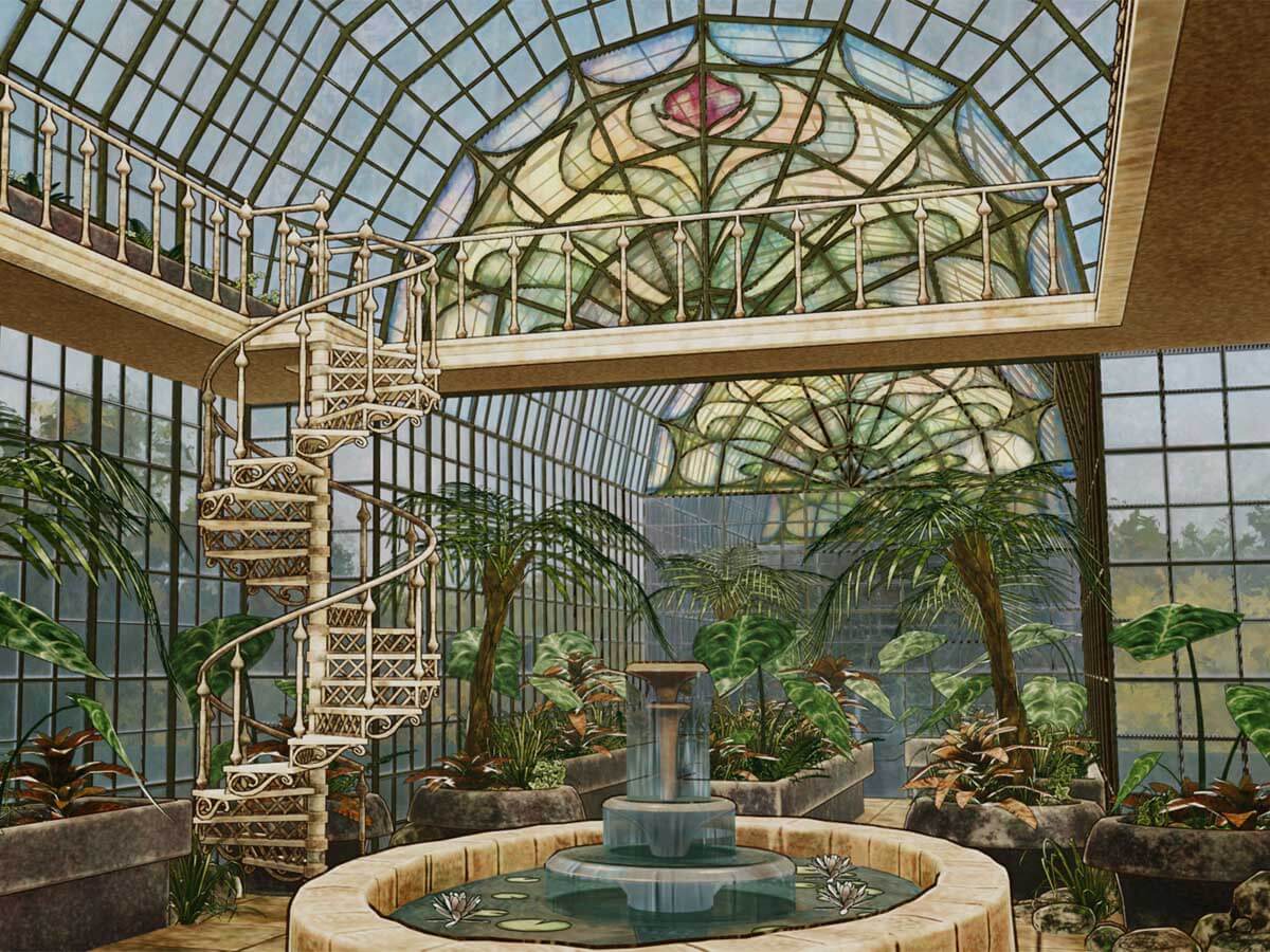 A large greenhouse with exotic plants, a fountain, and stained glass.