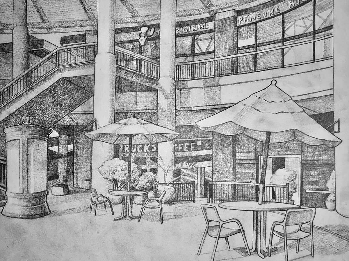 A drawing of an outdoor mall plaza.