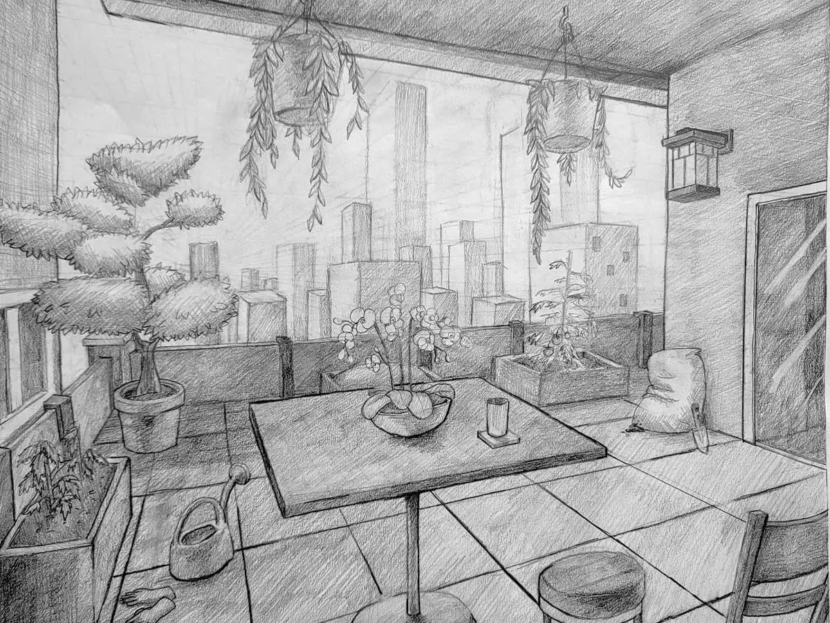 A drawing of an apartment's balcony looking out into the city.