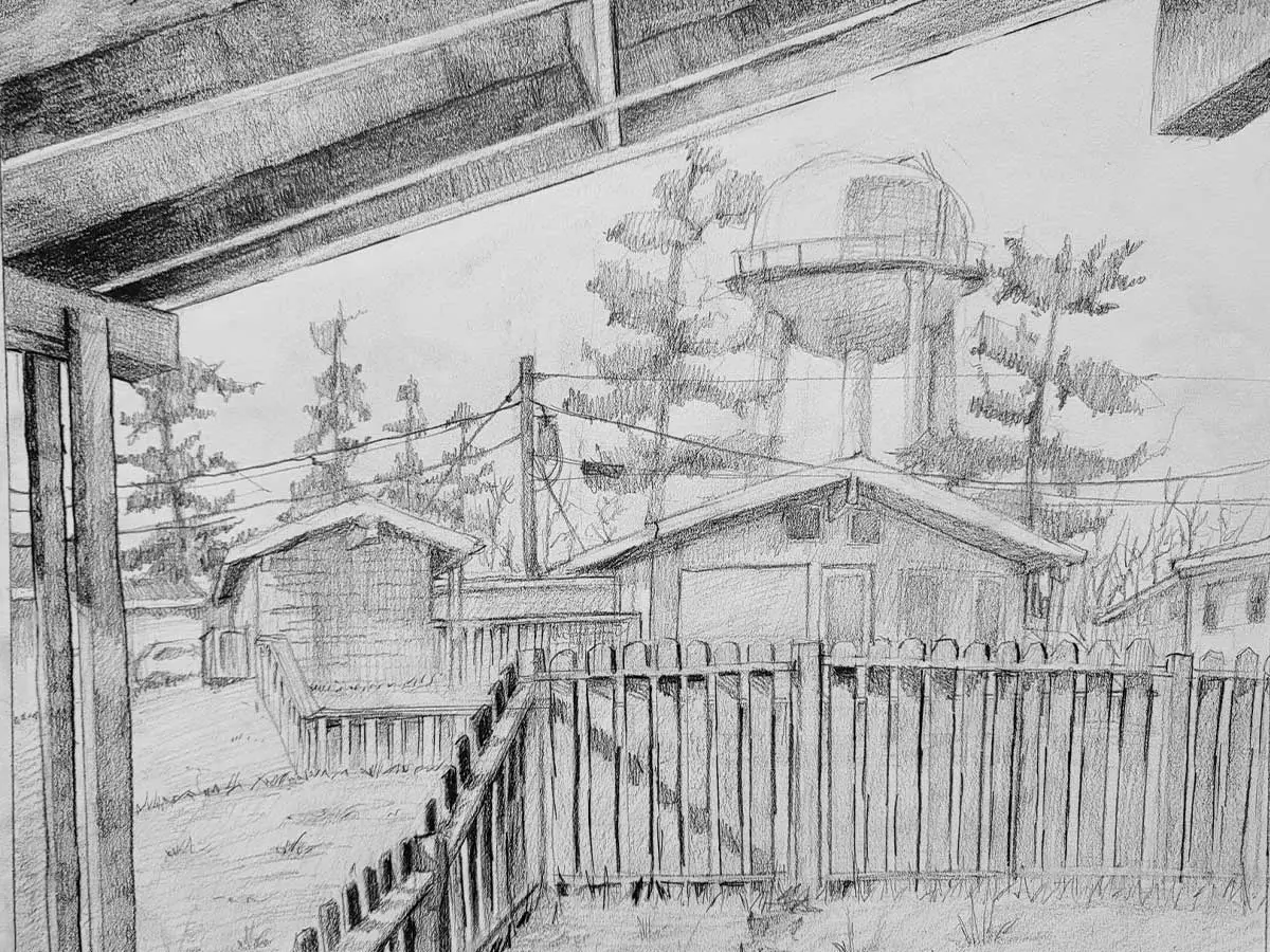 A drawing of the view out of a house's backyard.