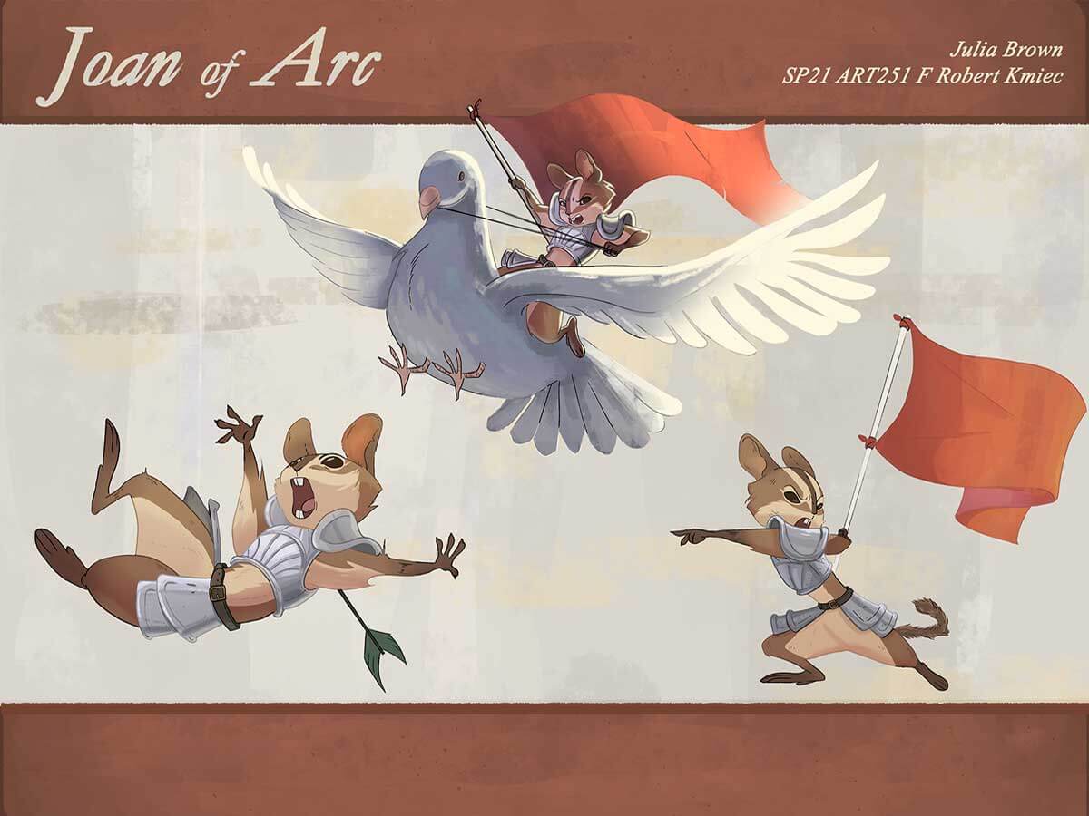 Character art of Joan of Arc as a cartoon squirrel.