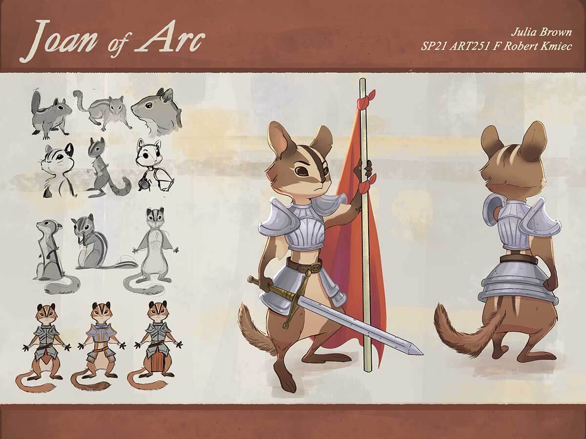 Character art of the front and back of Joan of Arc as a cartoon squirrel.