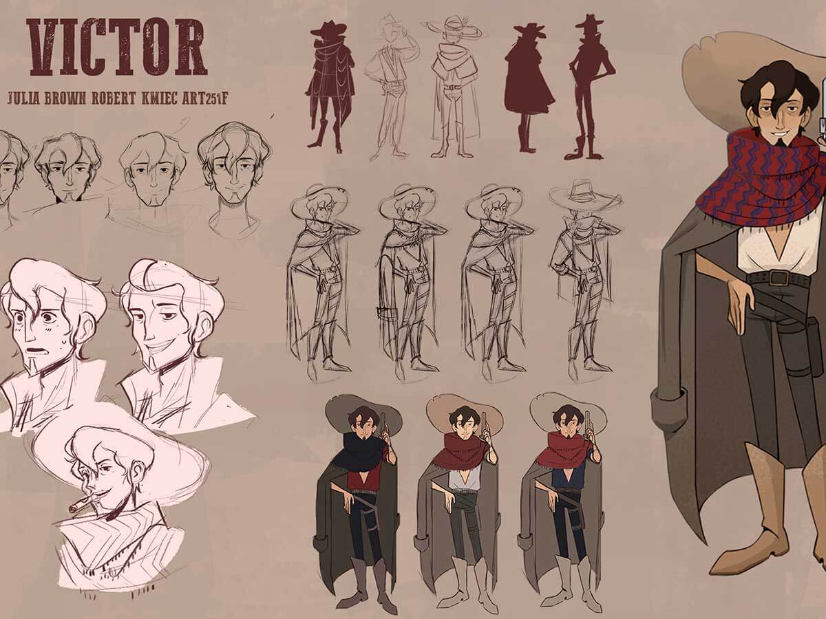 Character art of Victor, a man with a large red scarf and boots.