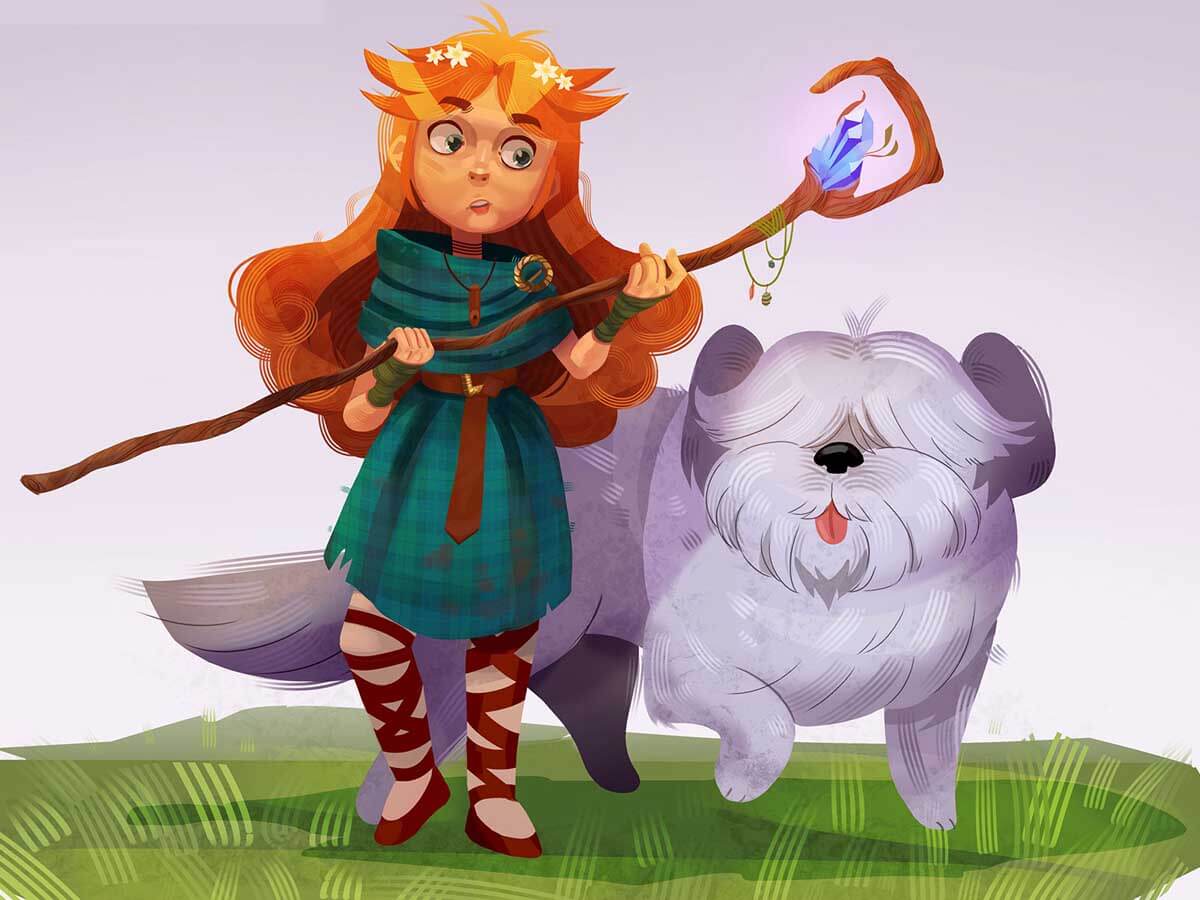 A little girl holding a staff accompanied by a fluffy dog.