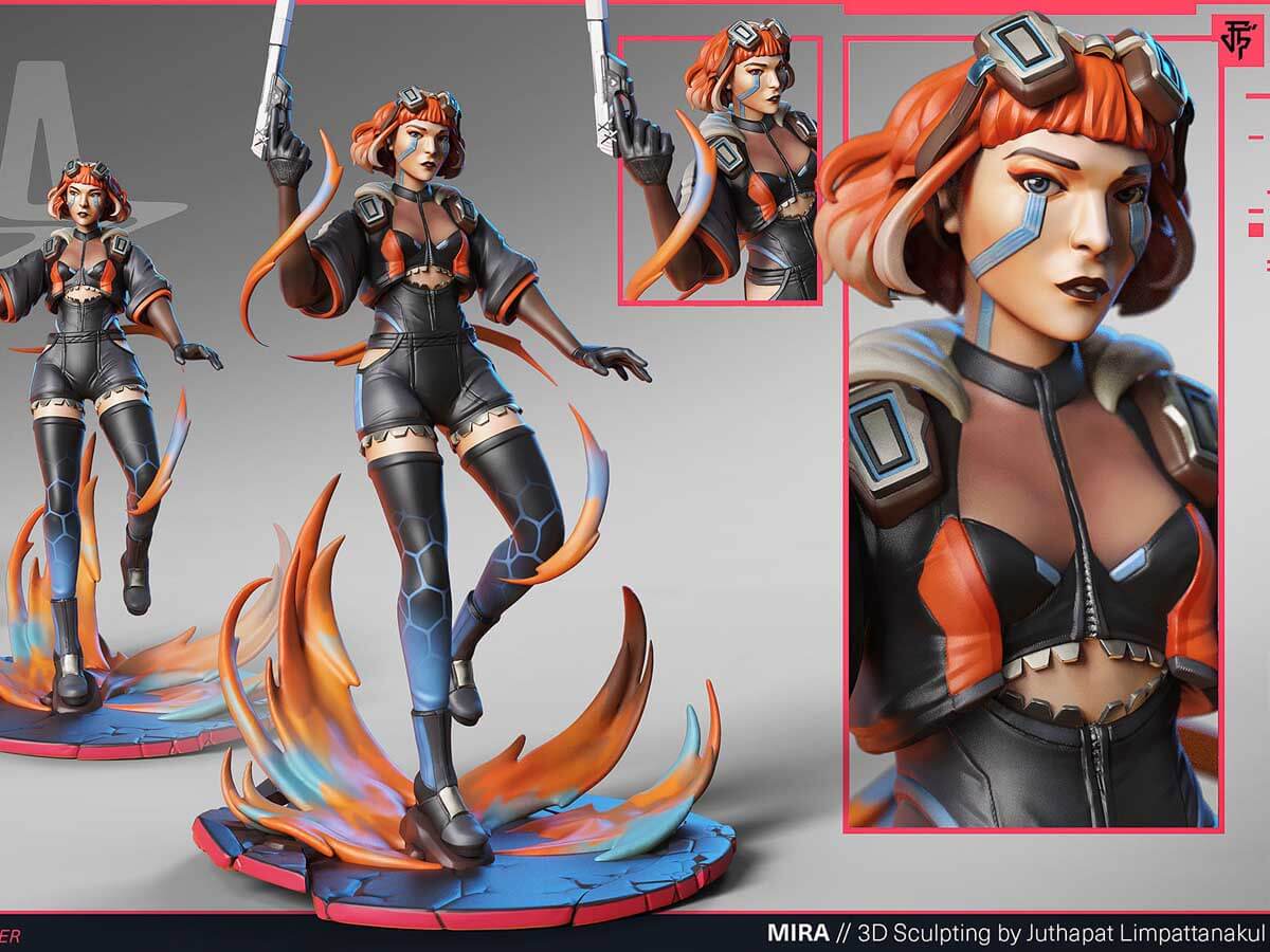 3D model of a futuristic woman with fire powers and a gun.