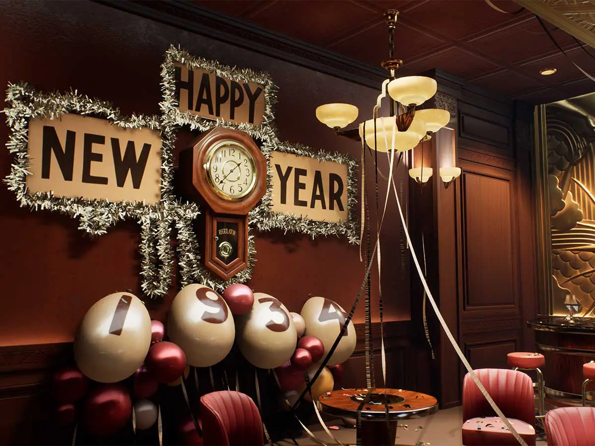 A 3D render of a ballroom celebrating the 1934 New Year.