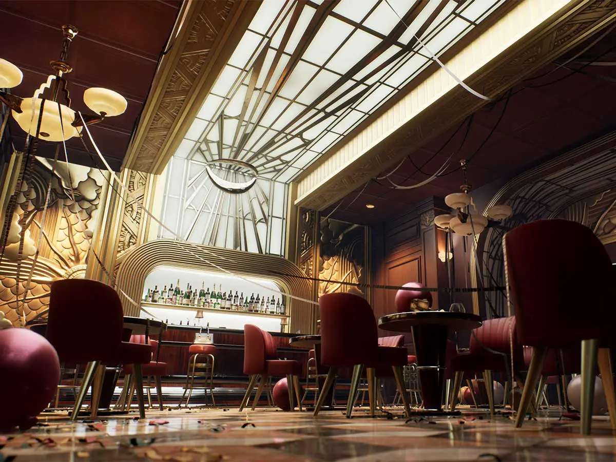 A 3D render of an art deco ball room.