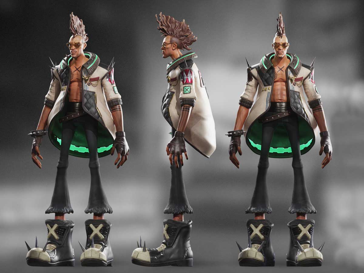 A futuristic man with a glowing coat and mohawk.