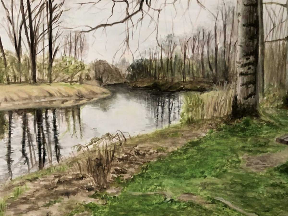 A painting of a river in a forested area.