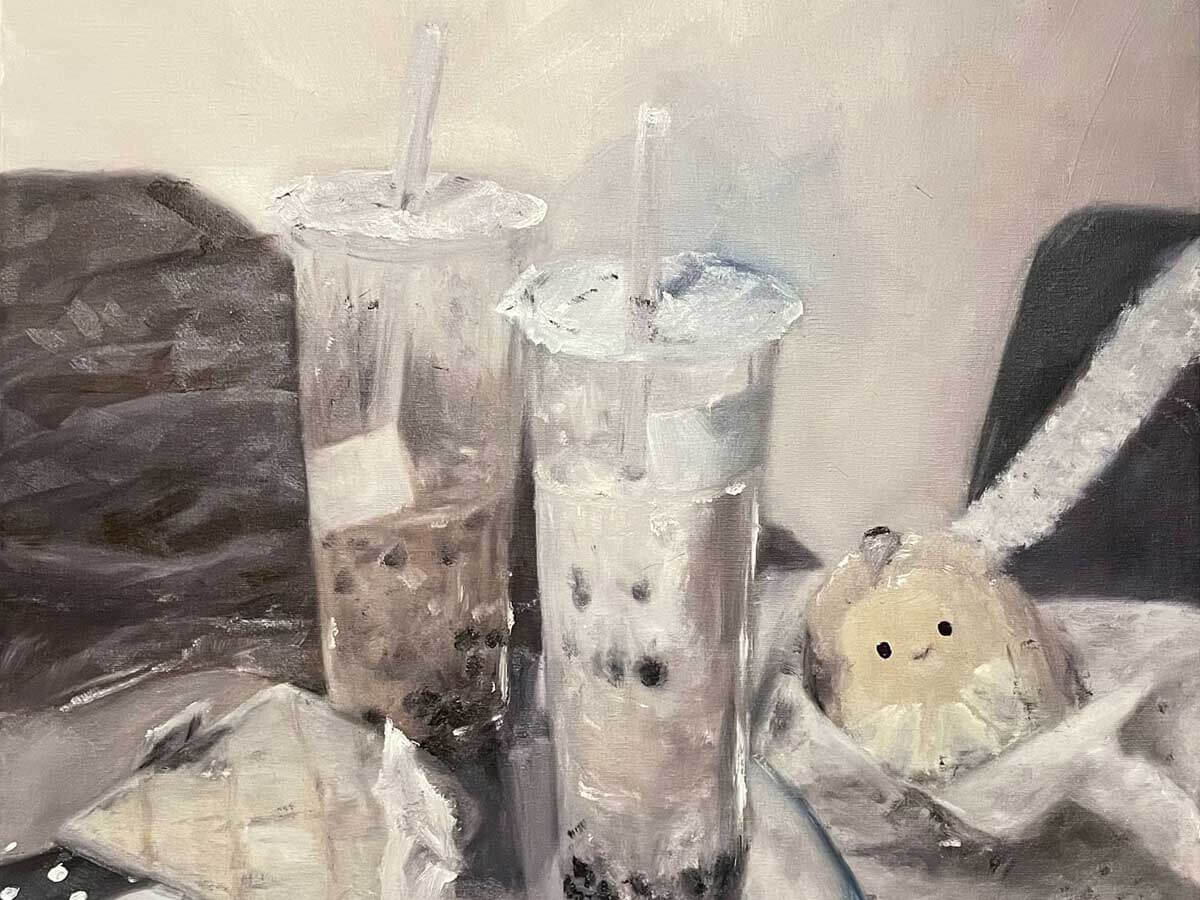Painting of two glasses of boba tea on a glass table.