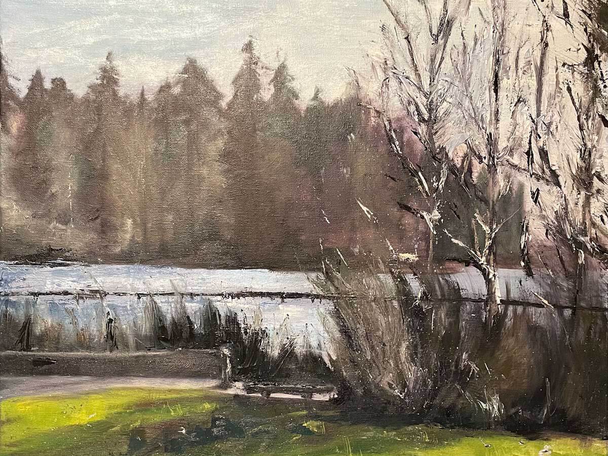 Painting of a grassy park area next to a body of water.