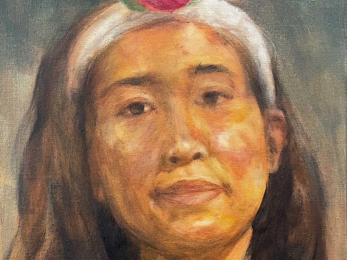 Painting of a woman with a pink flower on her head.