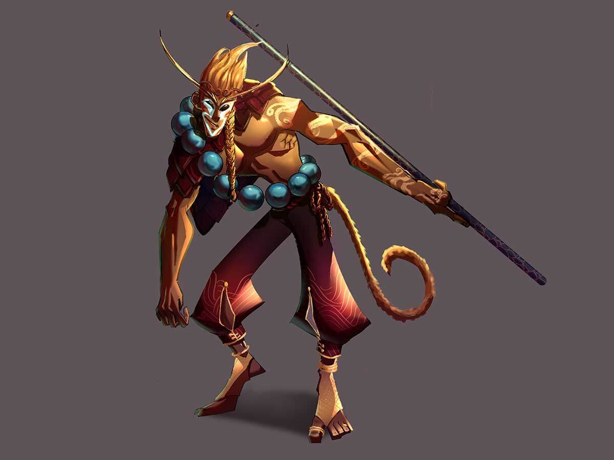 A man with a monkey tail wielding a staff.