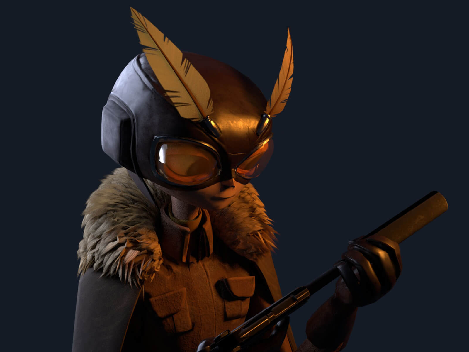 Close-up of a character in goggles with two feathers carrying a gun