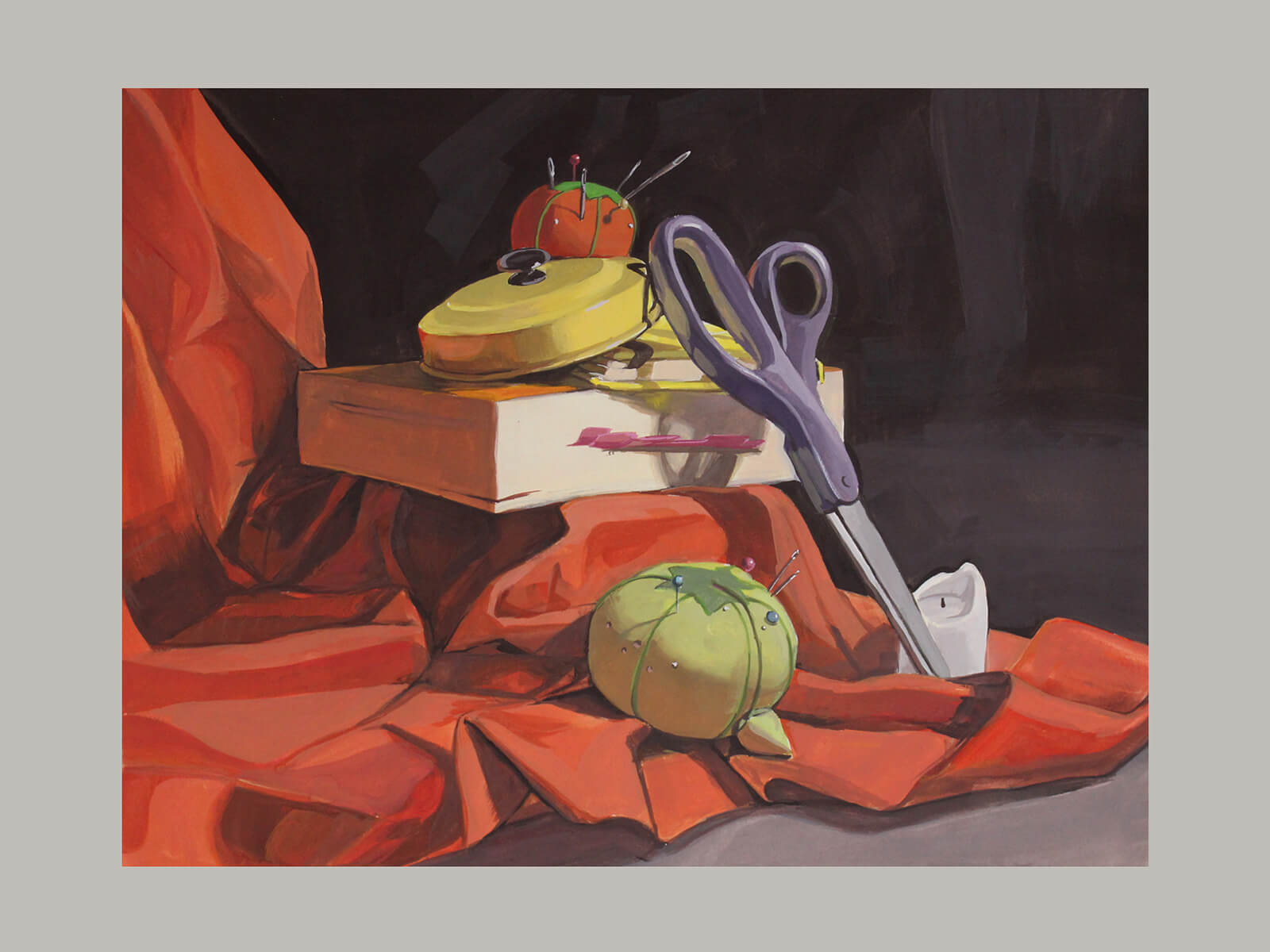 still-life traditional painting of pin cushions, a pair of scissors, a pot lid, books, and a candle on a red draped sheet