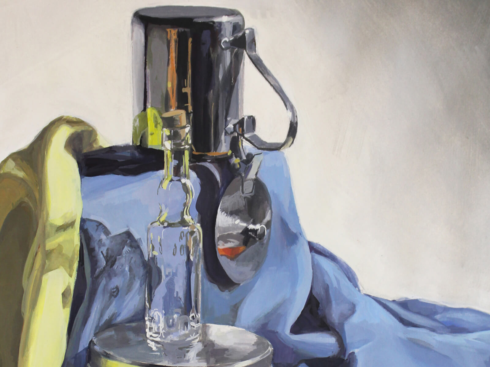 still-life traditional painting of a corked bottle, a tea cup, and aluminum pots on a blue draped sheet