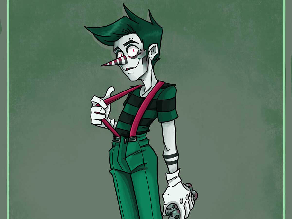 A young clown man dressed in green and red overalls.