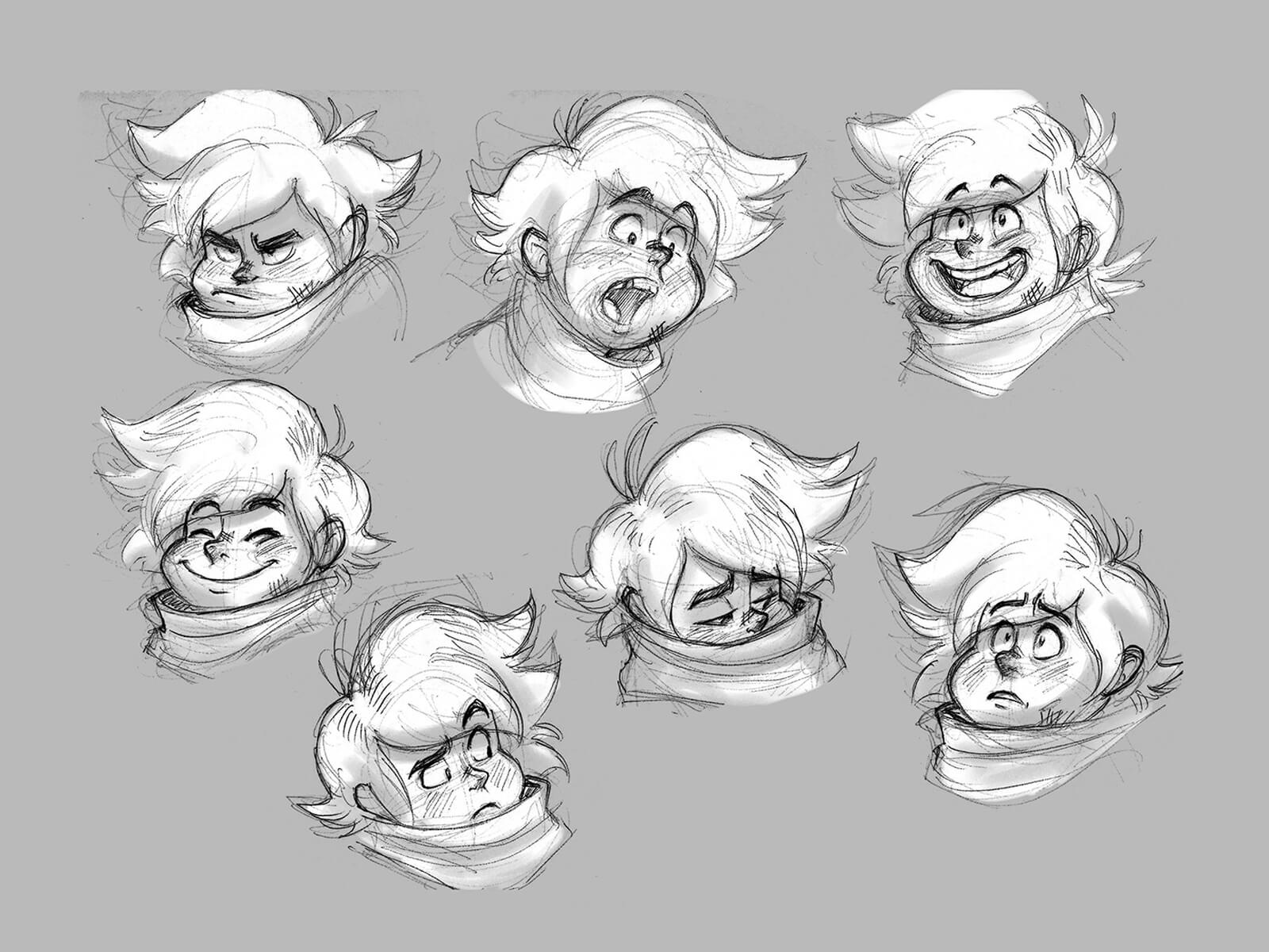 Various facial expressions of a turtlenecked character with wild hair