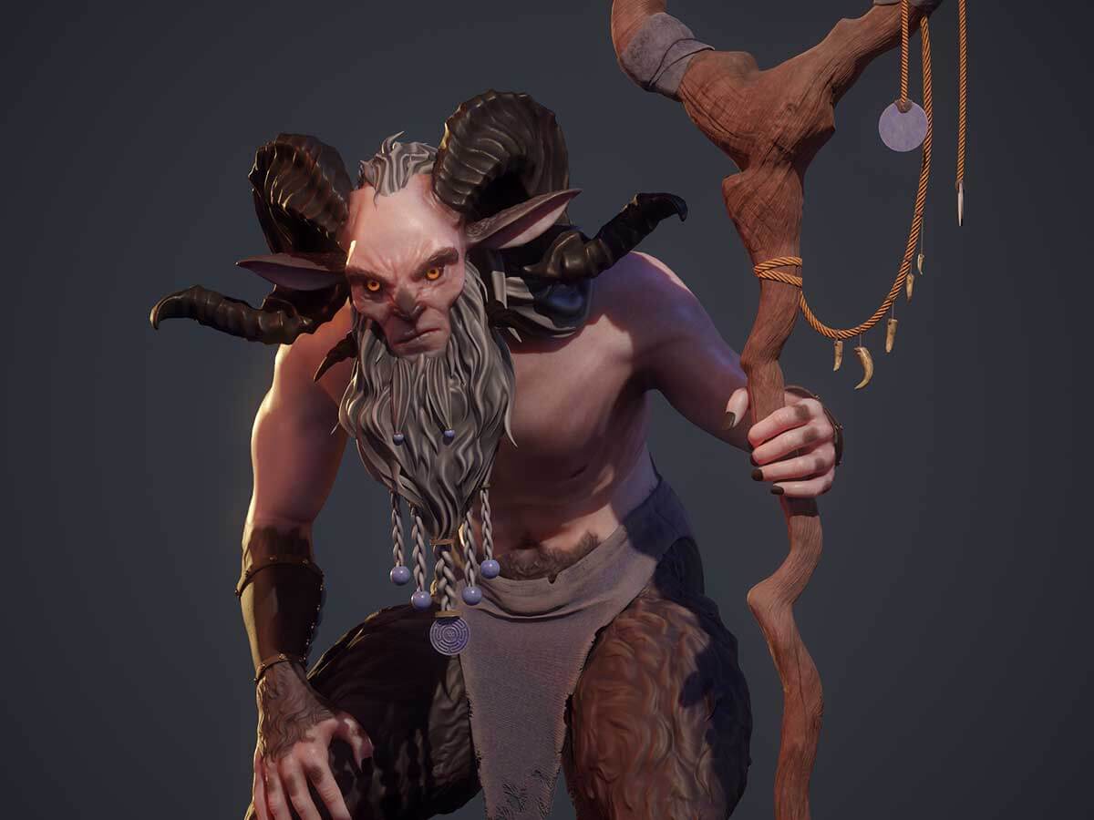 The half-man, half-goat faun holding a wooden staff.