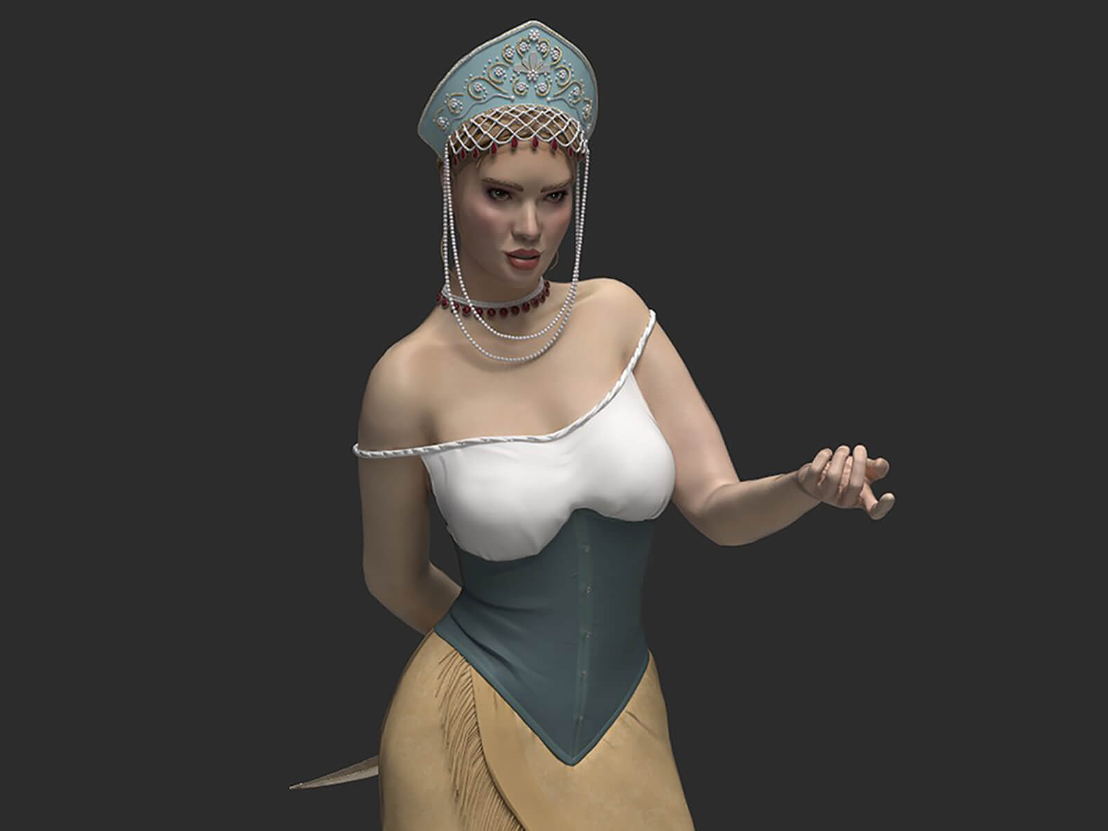 computer-generated 3D model of a female character named sirin on a marble pedestal