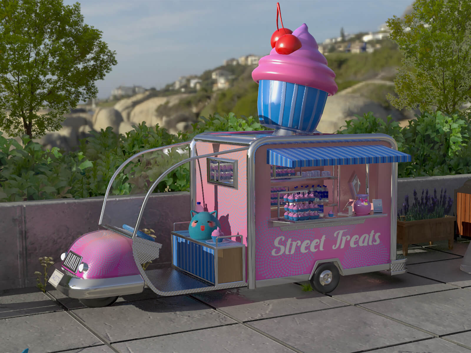 A food truck called "Street Treats" with a giant cupcake on its roof