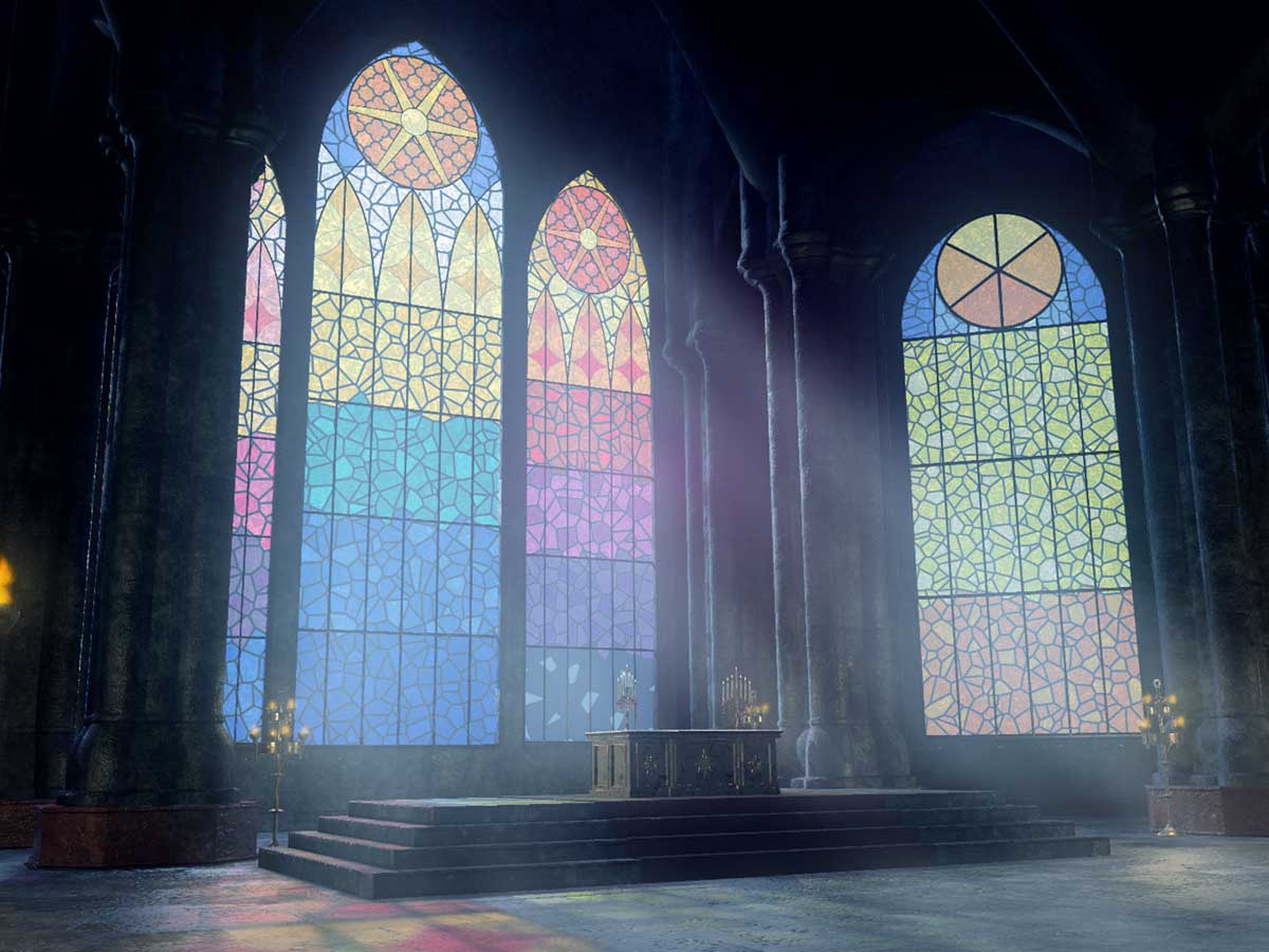 Interior of a massive church with light shining through stained glass.