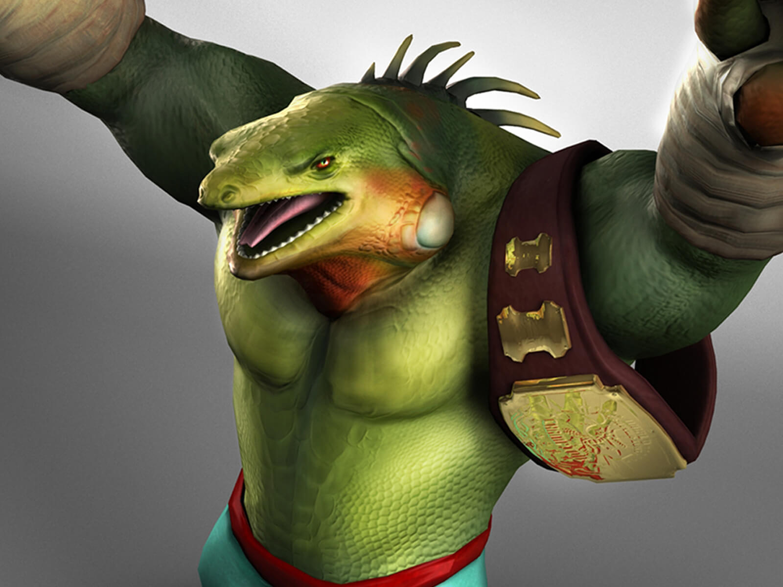 computer-generated 3D model of a muscular lizard with bandaged wrists and a championship belt slung around its shoulder