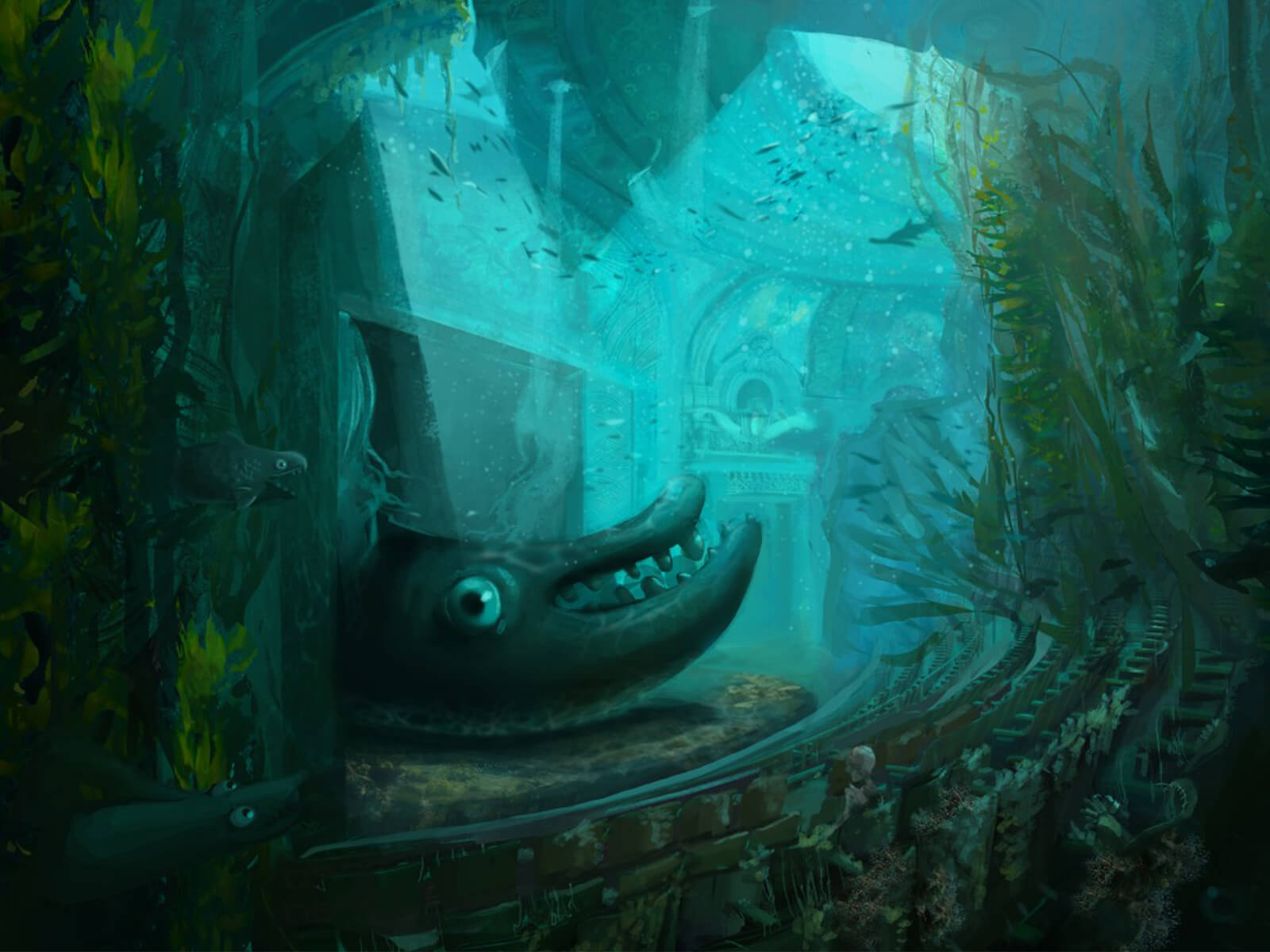 digital painting of an underwater theater with a large sea creature on stage
